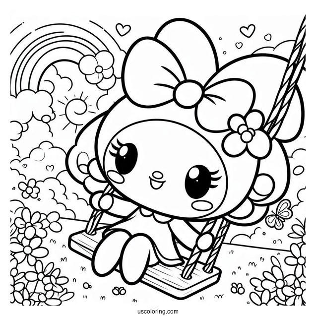 My Melody Coloring Page On A Swing With Risu