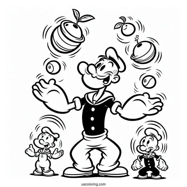 Popeye Coloring Page Juggling Eugene, Olive Oyl, And Swee Pea