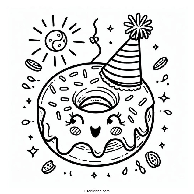Donut Coloring Page Wearing A Birthday Hat In A Party
