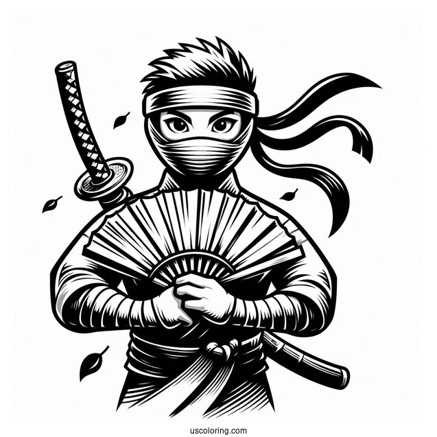 Ninja Holding A Sword And A Fan Coloring Page