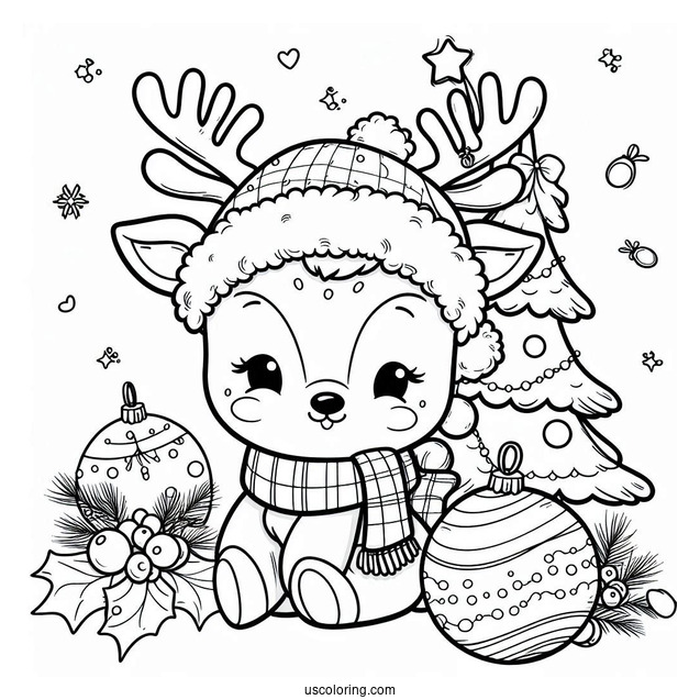 Christmas Coloring Pages For Adults Of Cute Reindeer With Christmas Baubles And Santa Hat