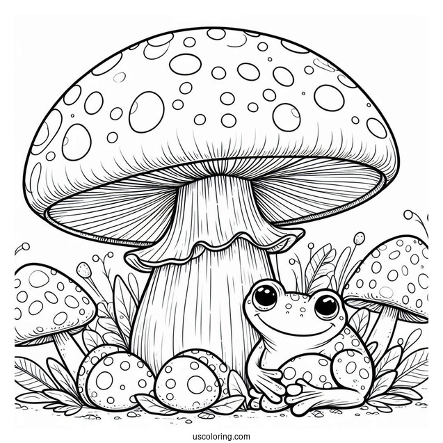 Frogs Sheltering Under A Mushroom Coloring Page