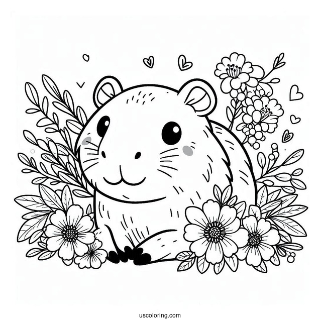 Cute Capybara Coloring Page With Flowers For Kids
