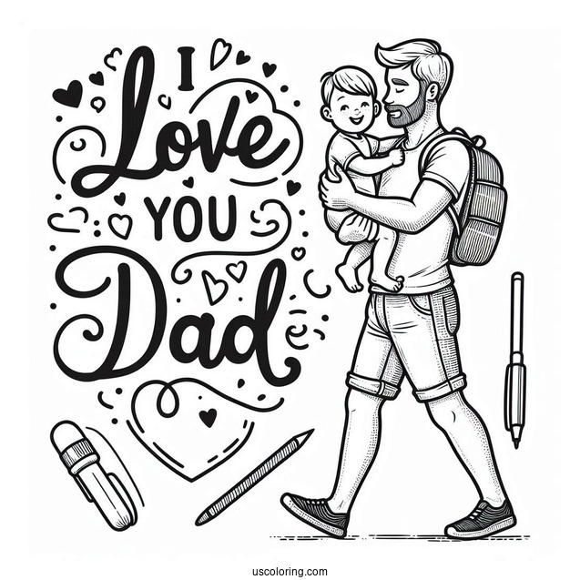 Father's Day Coloring Page Of I Love You Dad Words Over Father Carrying His Baby