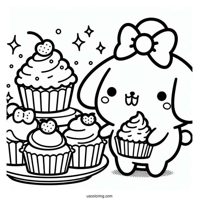 Kawaii Pompompurin Serving Cupcakes Coloring Page
