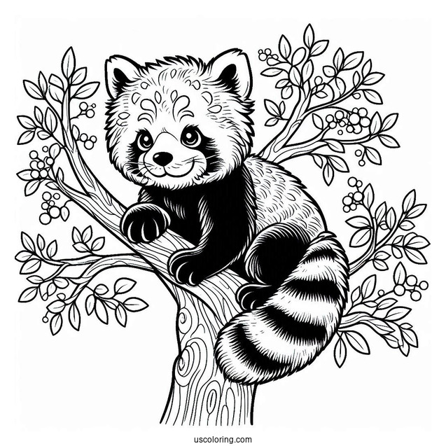 Red Panda Sitting In Tree To Color