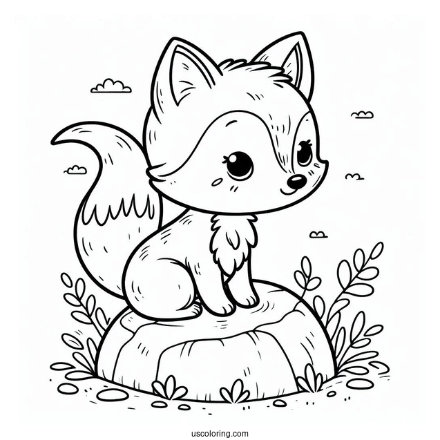 Content Little Fox Coloring Page Sitting On A Rock