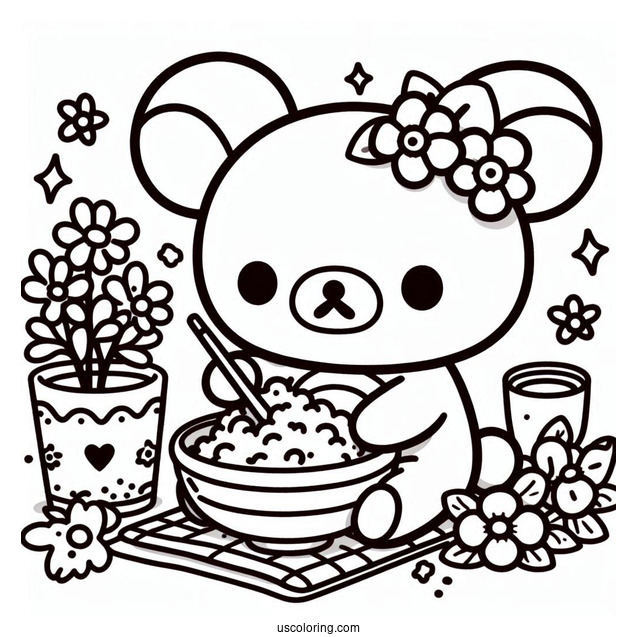 Rilakkuma Coloring Page Of Kawaii Chairoikoguma Eating Rice Bowl For Kids