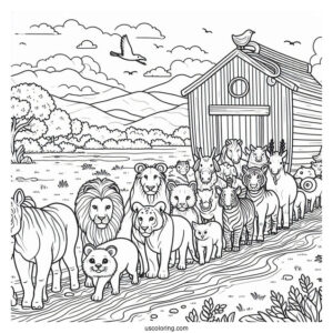 Animals Lining Up To Go To Noah's Ark Coloring Page