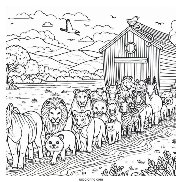 Animals Lining Up To Go To Noah's Ark Coloring Page