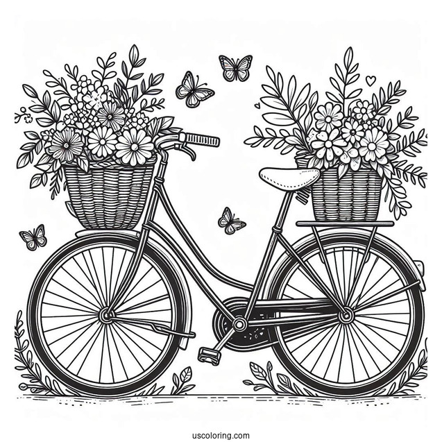 Cute Bicycle Coloring Page With Basket Full Of Flowers For Kids