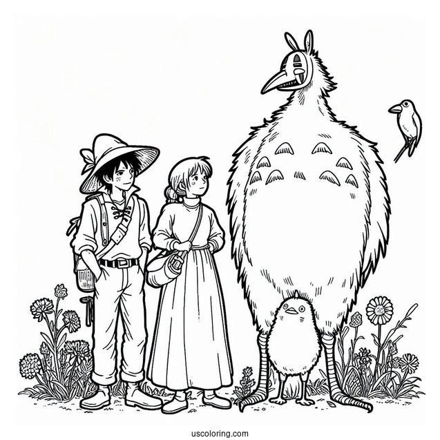 Studio Ghibli Coloring Page of Markl, Hin, and Scarecrow From Howl s Moving Castle