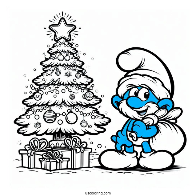 Santa Smurf Beside Christmas Tree Coloring In