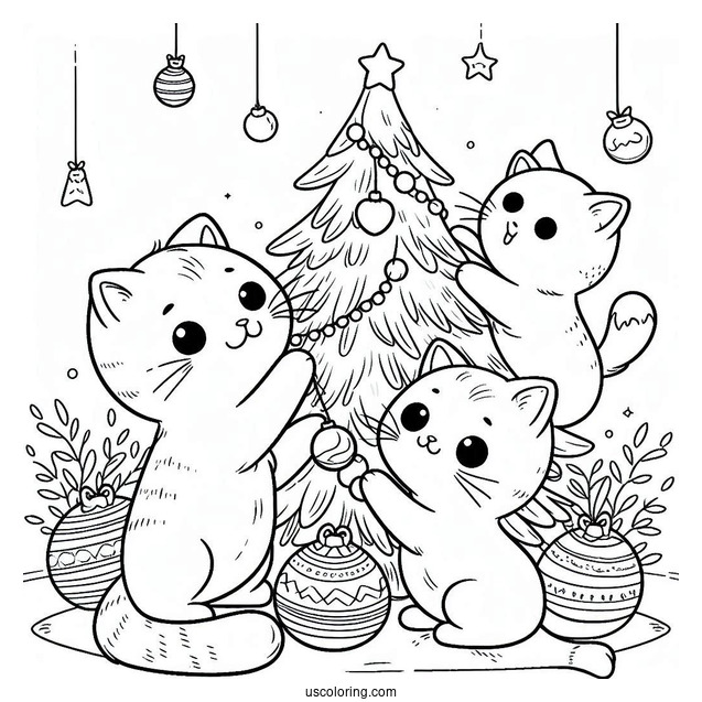 Cats Playing With Christmas Tree Coloring Sheet