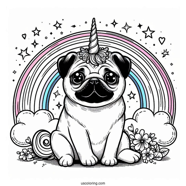 Magical Pug Coloring Page with Unicorn Horn and Rainbow Background