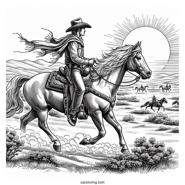 Realistic Cowboy Coloring Page Riding A Horse With The Sun Behind Them