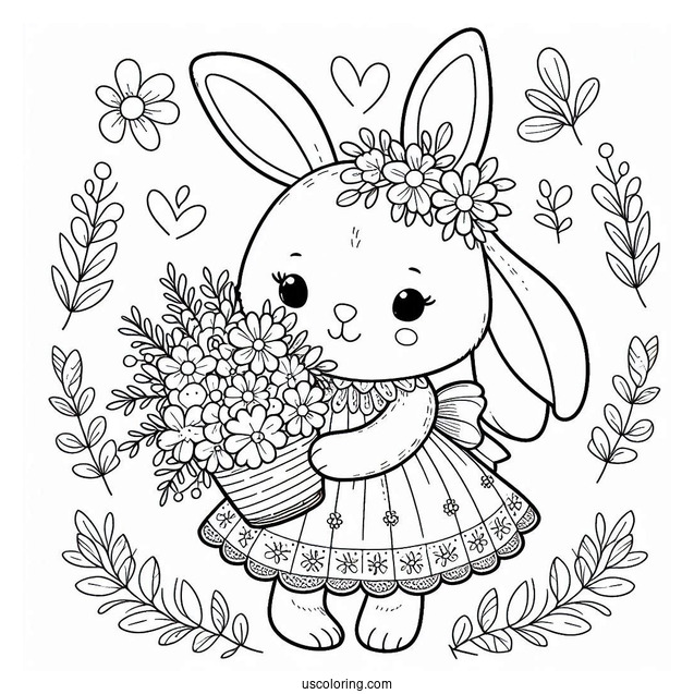Adorable Bunny In A Dress With A Flower Bouquet In Spring Coloring Sheet