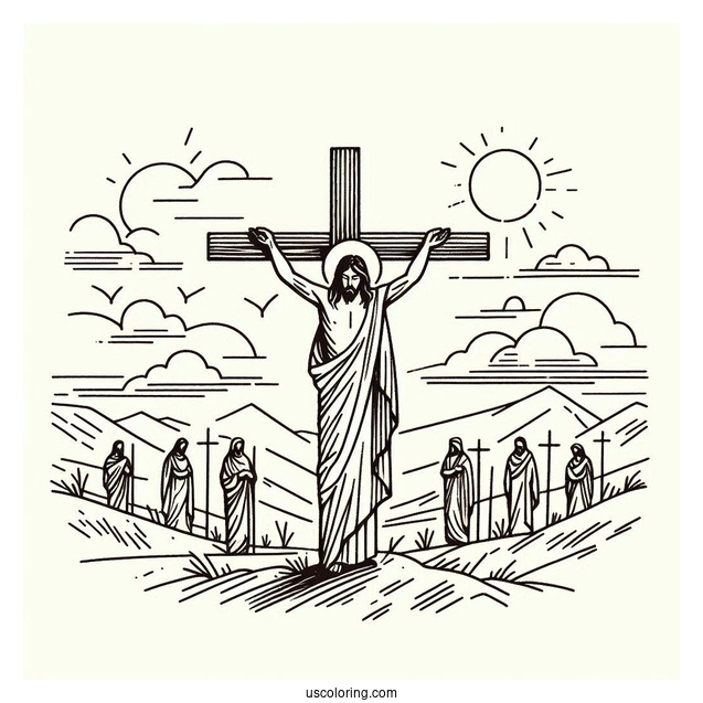 Simple Outline Of Jesus With Calvary Crosses Coloring