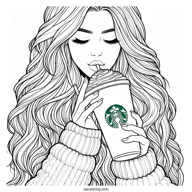 Woman Drinking From A Massive Starbucks Coloring Page Of Cup