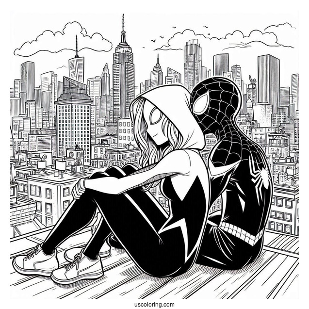 Miles Morales And Spider-Gwen Coloring Page Sitting Together On A Rooftop