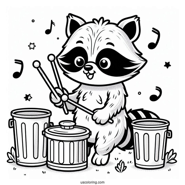 Raccoon Coloring Page Playing Drums With Trash Bins