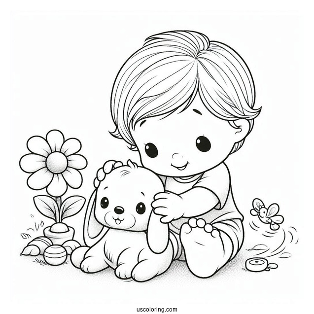 Precious Moments Coloring Page Of Little Boy With Toy Dog For Kids