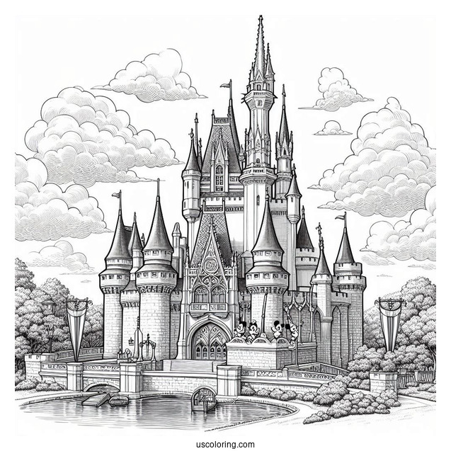 Realistic Disney World Castle Coloring Page With Walt Disney And Mickey Mouse