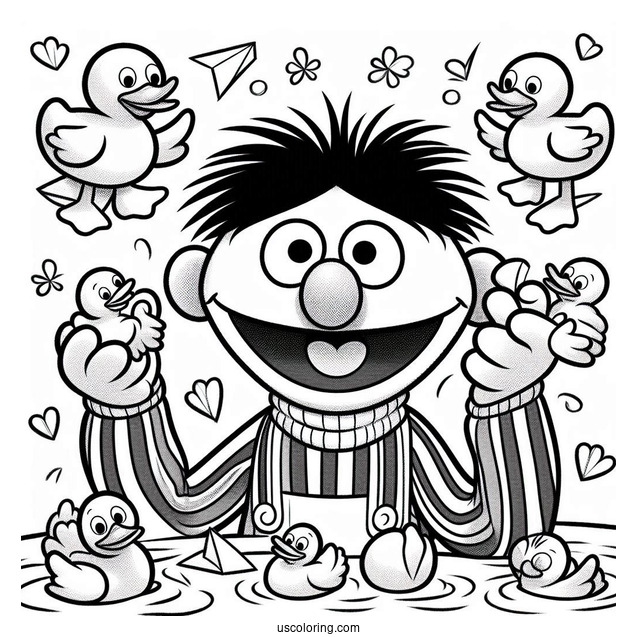 Ernie Holding Paper Ducks Coloring Sheet