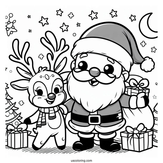 Cartoon Santa And Rudolph Coloring Sheet