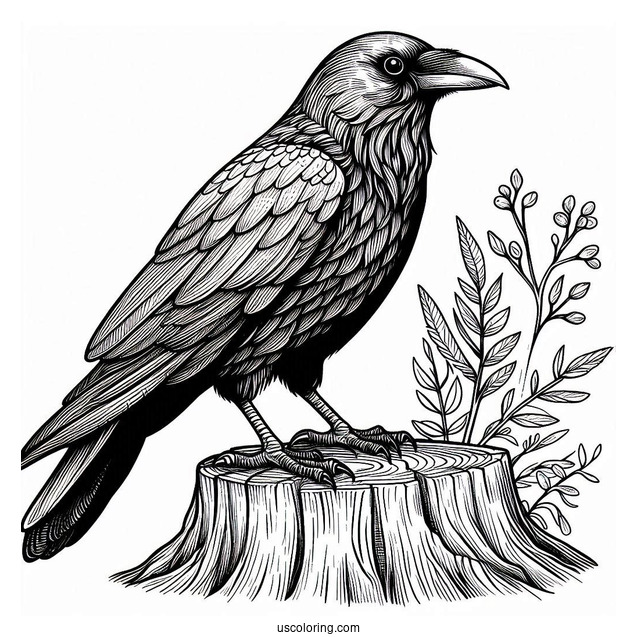 Detailed Raven Coloring Page Perched On A Tree Stump