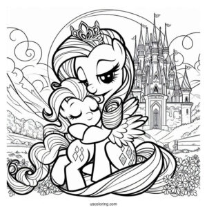 Pinkie Pie Hugging Rarity Coloring Page In Front Of A Castle