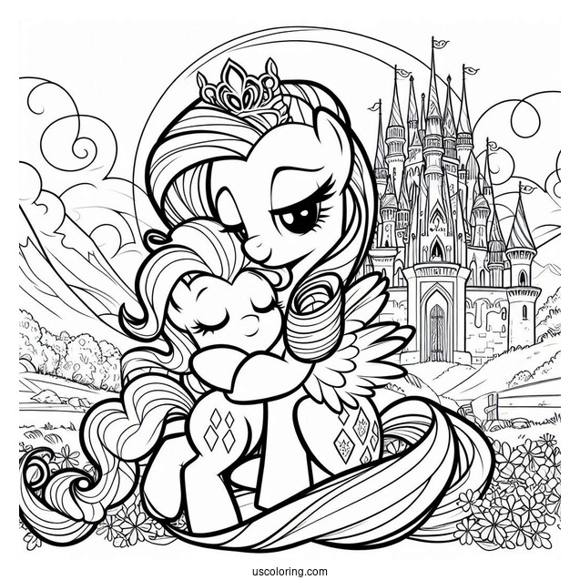 Pinkie Pie Hugging Rarity Coloring Page In Front Of A Castle