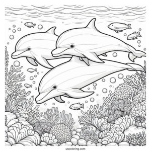 Pod Of Dolphins Underwater Coloring Page