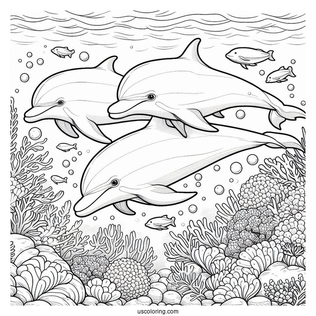 Pod Of Dolphins Underwater Coloring Page