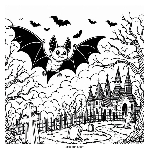 Creepy Bat Coloring Page Flying Over Graveyard On Halloween