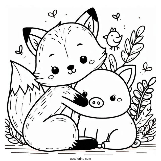 Cute Coloring Page Two Foxes Hugging A Pig