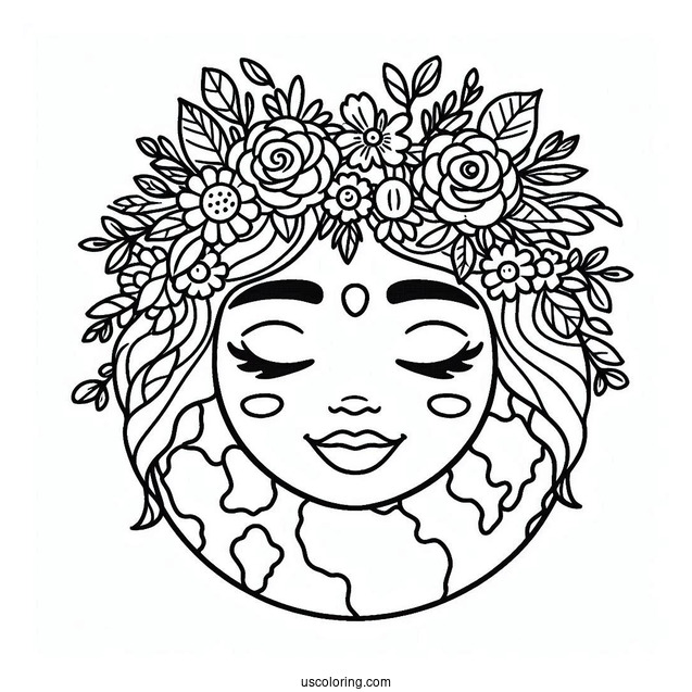 Earth Wearing Flower Crown Coloring Page For Kids