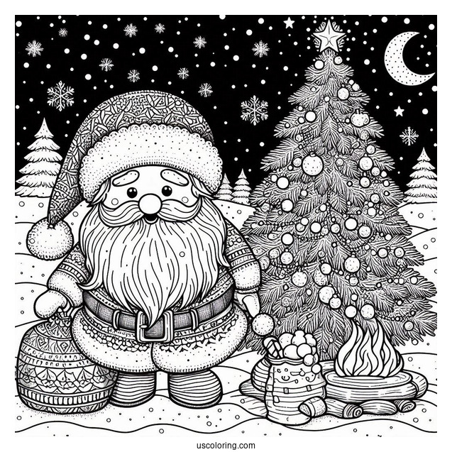 New Year Coloring Page Of Santa Claus Beside A Christmas Tree On Snowy Night