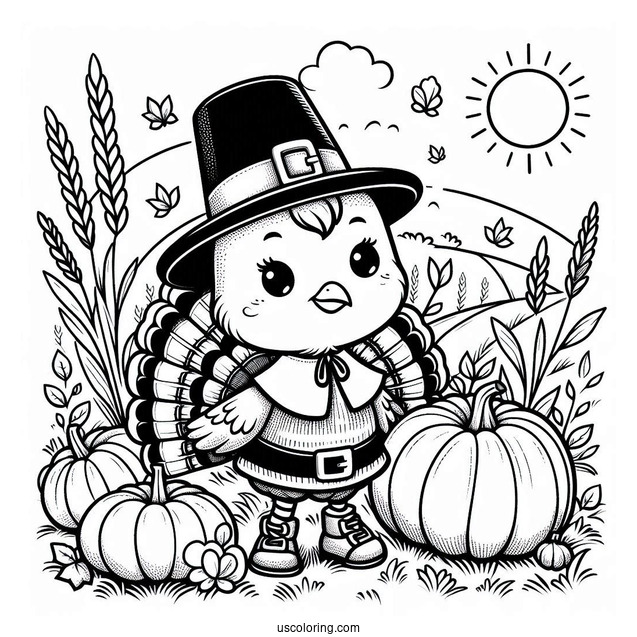 Pilgrim Coloring Page Cute Turkey With Pumpkins On The Grass For Kids