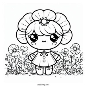 Poppy Playtime Coloring Page Of Kawaii Poppy On A Flower Field
