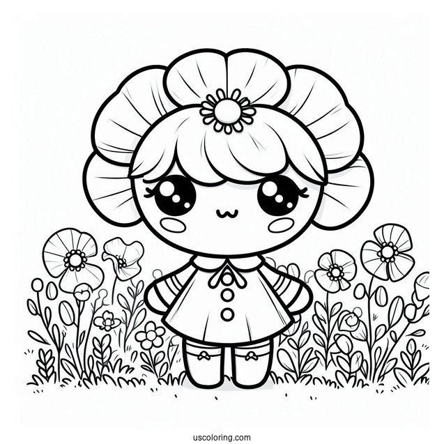 Poppy Playtime Coloring Page Of Kawaii Poppy On A Flower Field