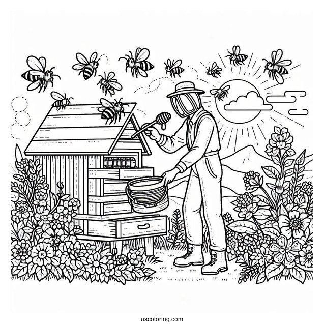 Bee Coloring Page Of Man Collecting Honey From A Apiary