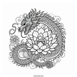 Dragon Behind A Flower Mandala Coloring Page