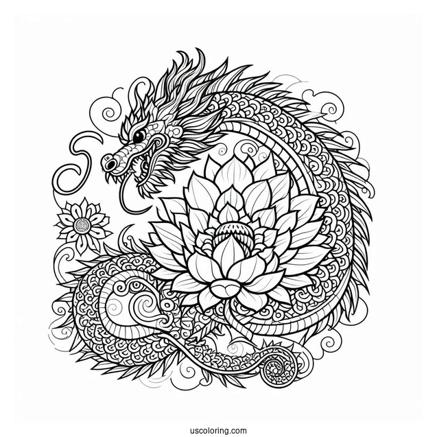 Dragon Behind A Flower Mandala Coloring Page