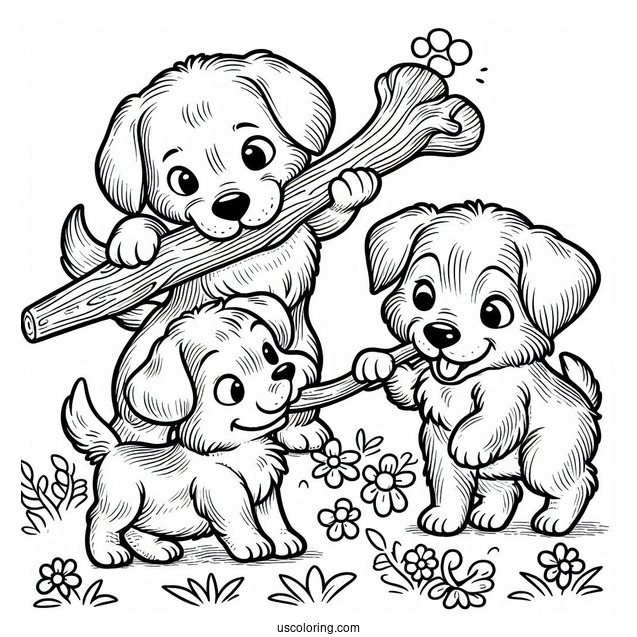 Three Dogs Playing With Large Stick