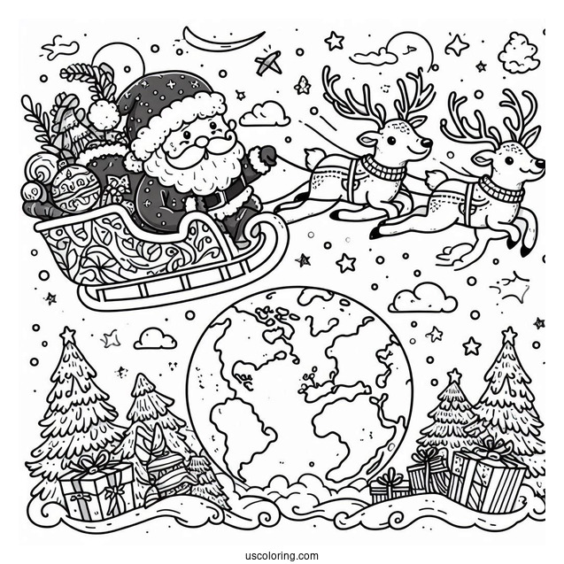 Santa And Reindeer Flying Around The World The Night Before Christmas