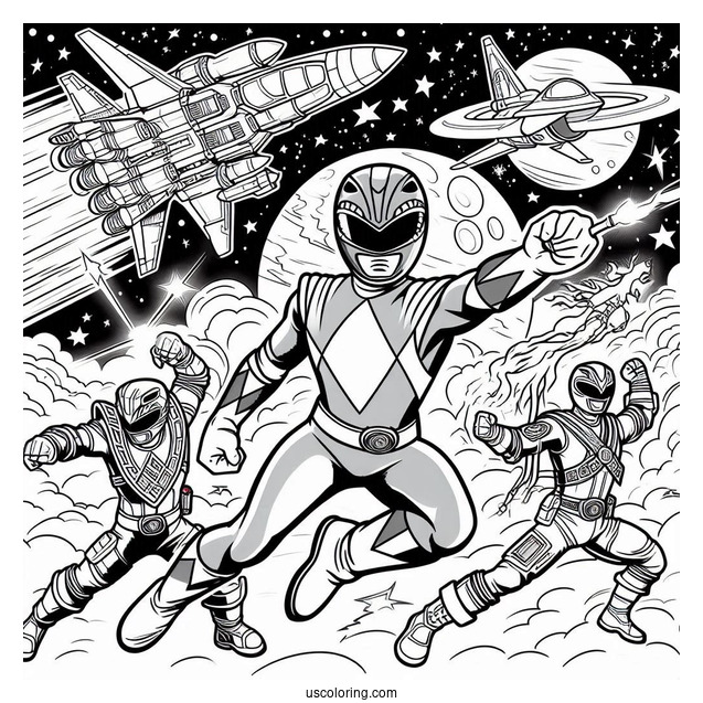 Power Rangers Fighting In Outer Space Coloring Sheet
