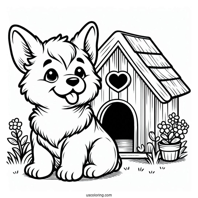 Corgi Puppy In Front Of Dog House