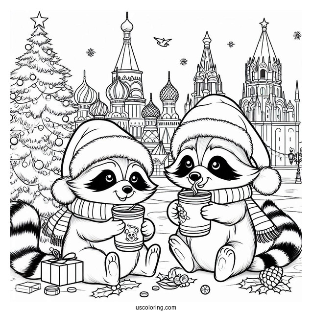 Christmas Coloring Pages For Adults Of Cartoon Racoons Sharing Hot Beverage In Front Of Christmas Tree And Cathedral