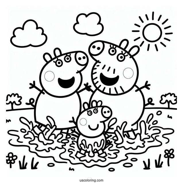Peppa Pig Family Jumping In Mud Coloring Page